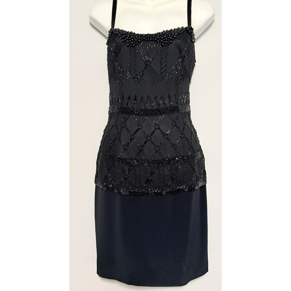 Vintage 90s Niteline by Della Roufogali Silk Beaded Mini Dress Sz 8 Cocktail Y2K